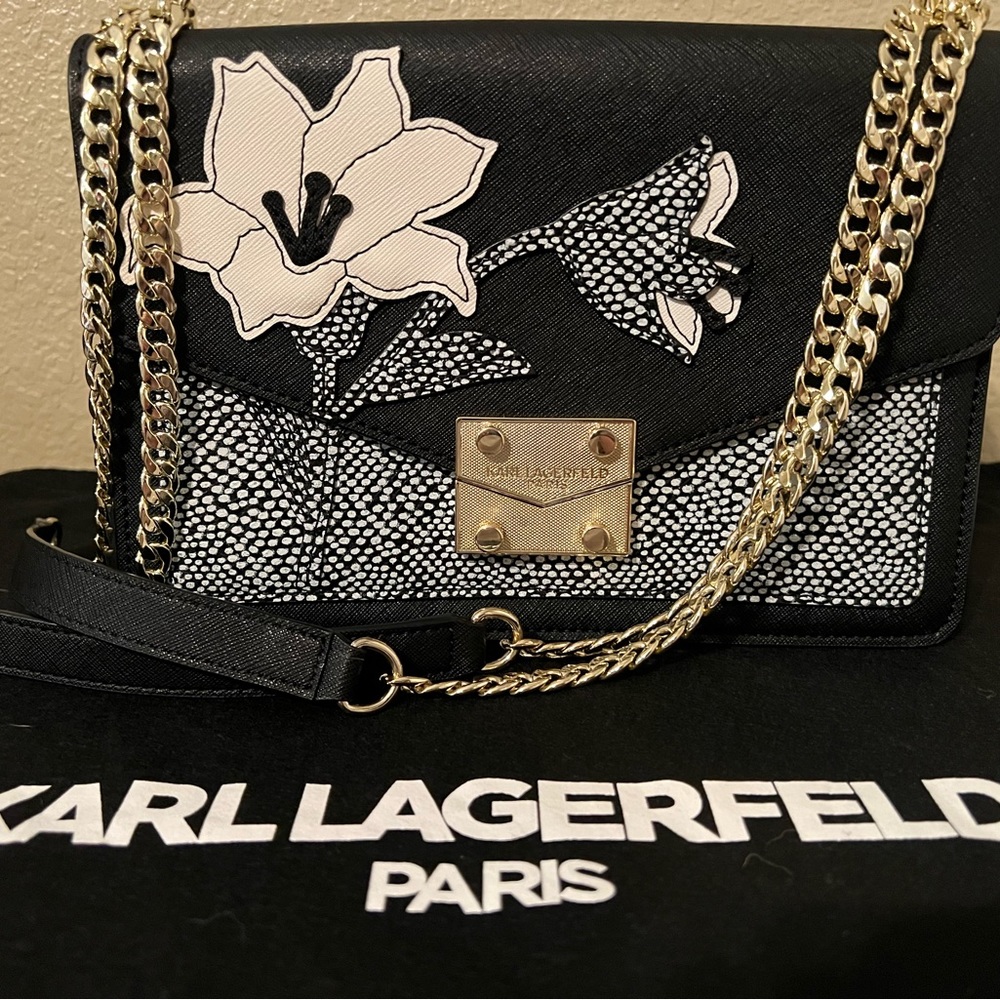Karl Lagerfeld purse. Black and white with flower detail.